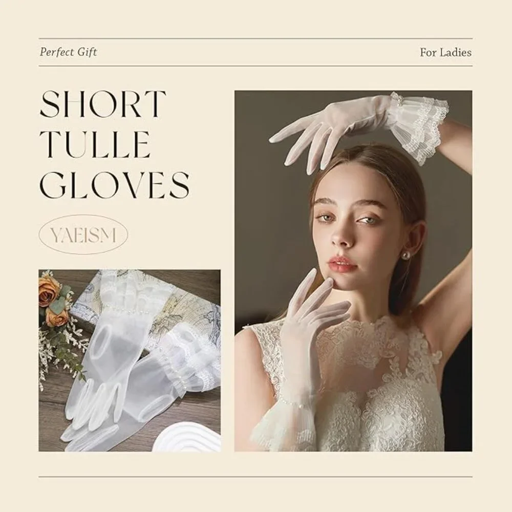 White Black Mesh Lace Ruffled Gloves
